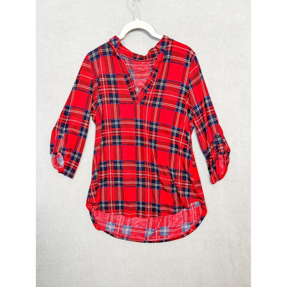 Red Plaid V-Neck Tunic Top Roll Tab 3/4 Sleeve High Low Hem Blouse